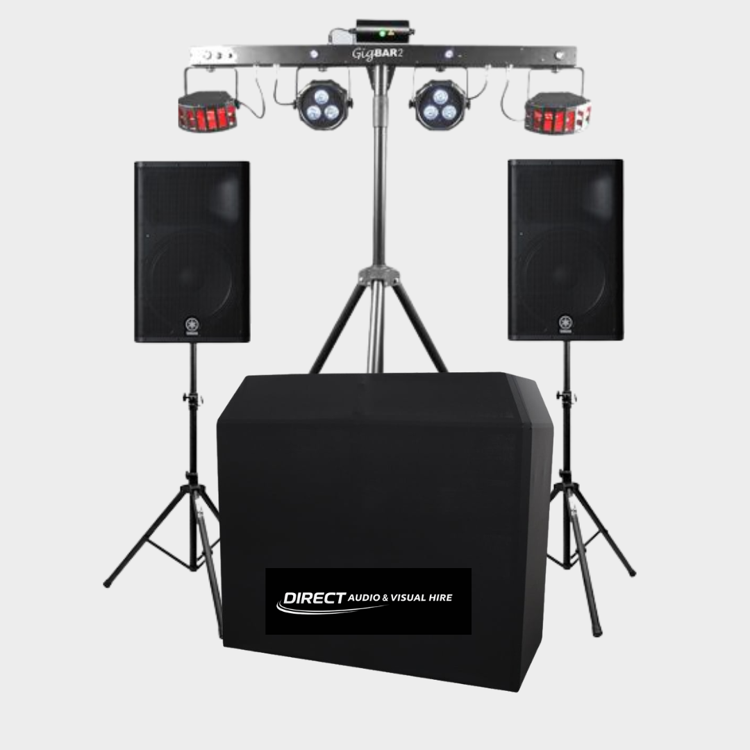 X2 active speakers 12" (1,000-1,500 watts),  x2 speaker stands, x1 mixer, x1 wired microphone, x1 aux cable, x1 rca cable,  x1 dj booth & x1 chauvet gigbar 