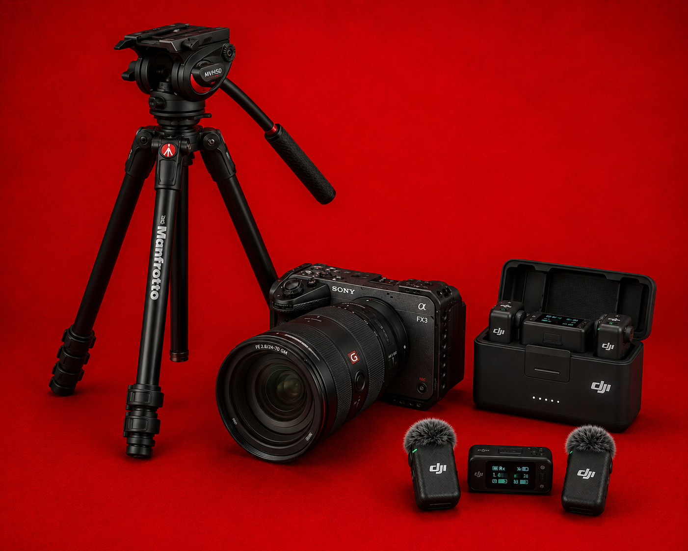 Sony fx3 + 24-70mm 2.8 lens gm + sony 320gb cfexpress + dji mic 3  + tripod
