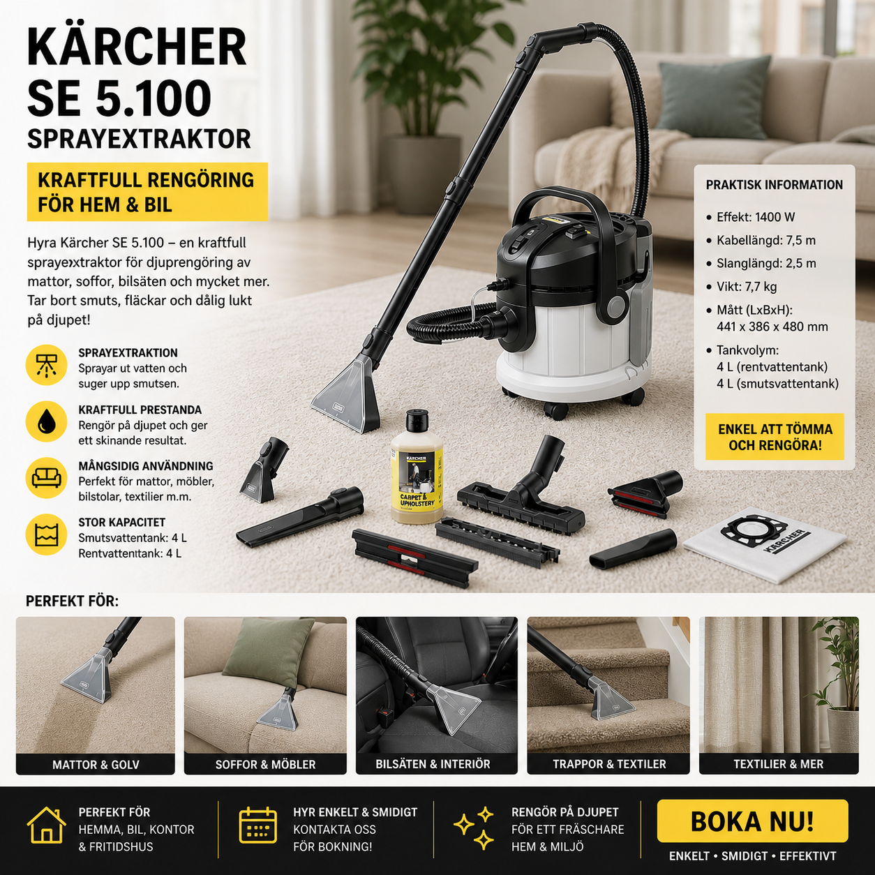 Mattvätt / sofftvätt uthyres – kärcher (perfekt för hem & bil)