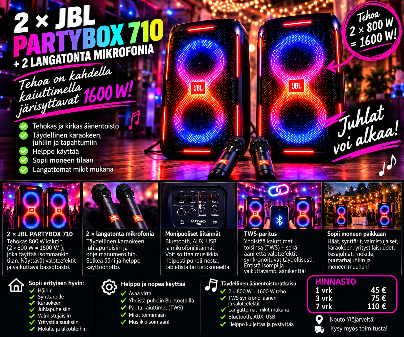 🔊 2 × jbl partybox 710 + 2 langatonta mikrofonia 🎤