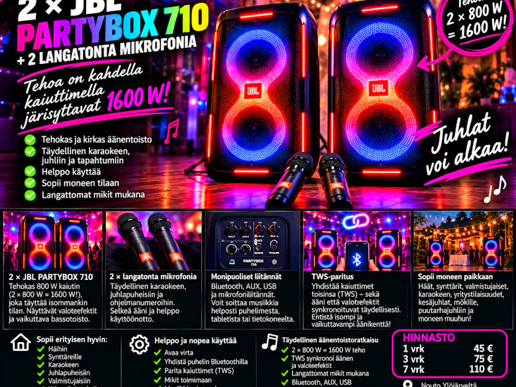 🔊 2 × jbl partybox 710 + 2 langatonta mikrofonia 🎤