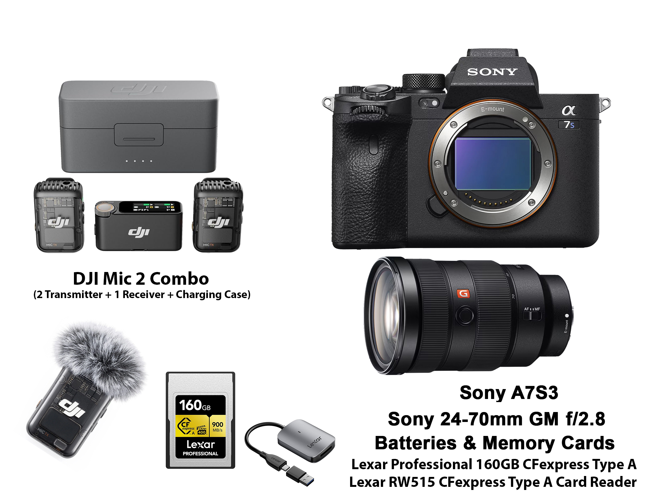 Sony a7s3 / a7siii + sony 24-70 gm f/2.8 + dji mic 2 combo + lexar professional