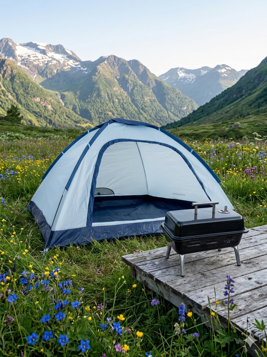 Camping-pakke: romslig 4-mannstelt + kompakt turgrill med utstyr