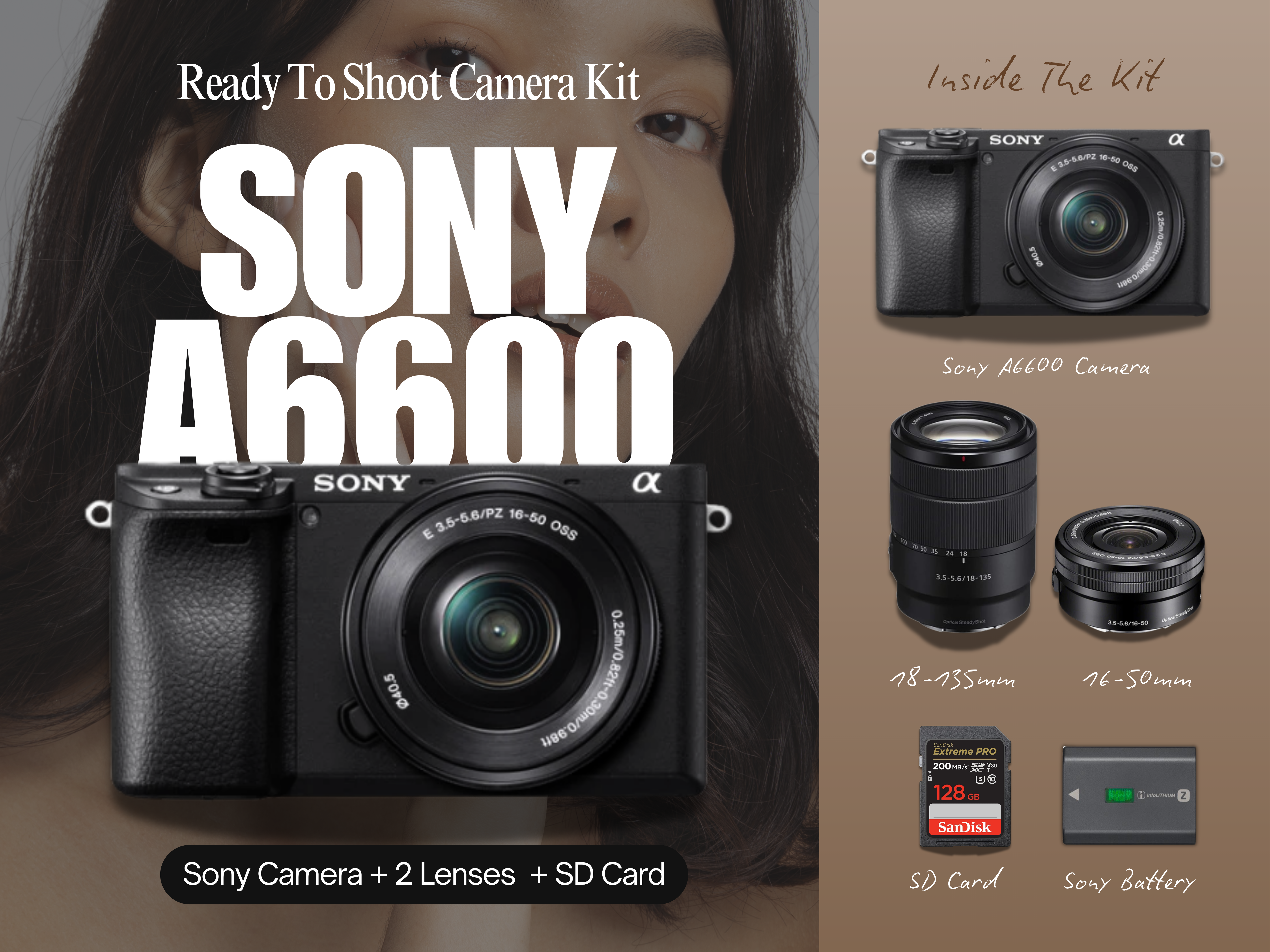 Sony alpha a6600 mirrorless camera + 2 lenses +128gb sd card - ready to shoot