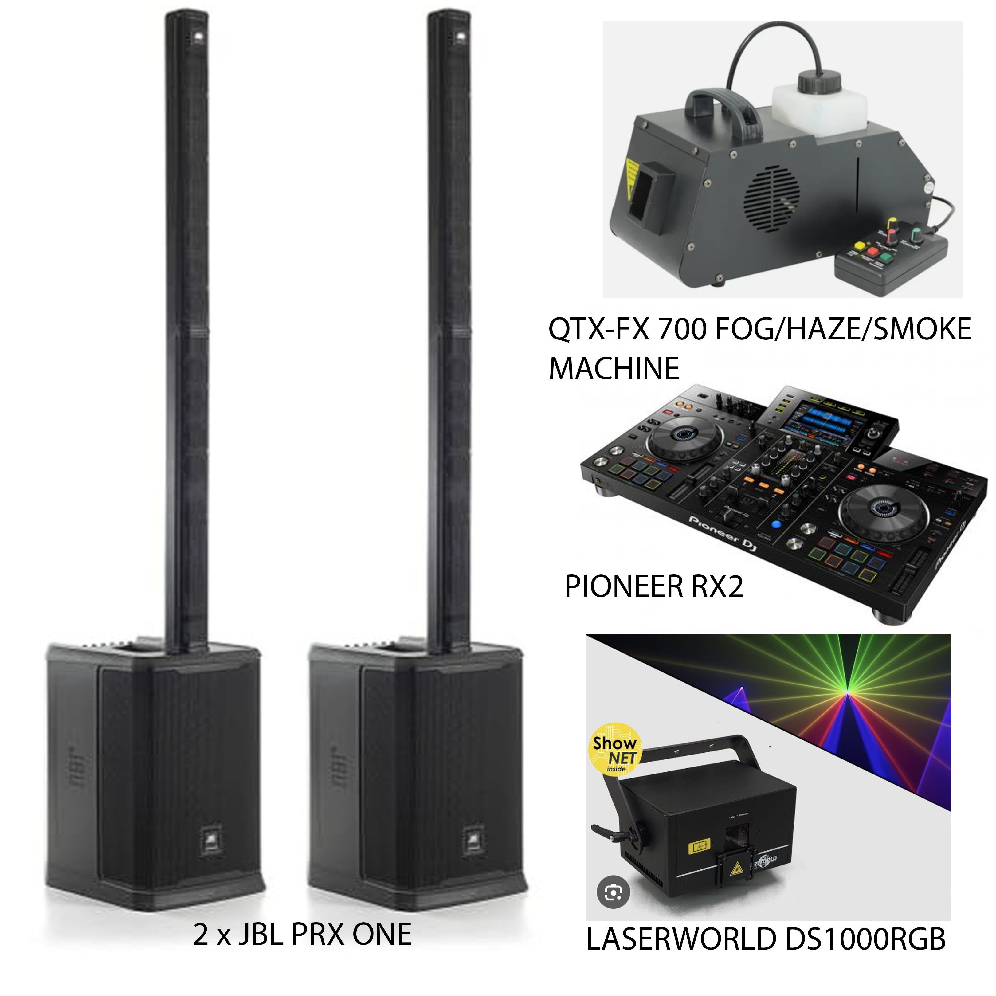 2 x jbl prx one 4000w speakers + qtx-fx 700 fog/haze/smoke machine  + laserworld ds1000rgb + pioneer rx2