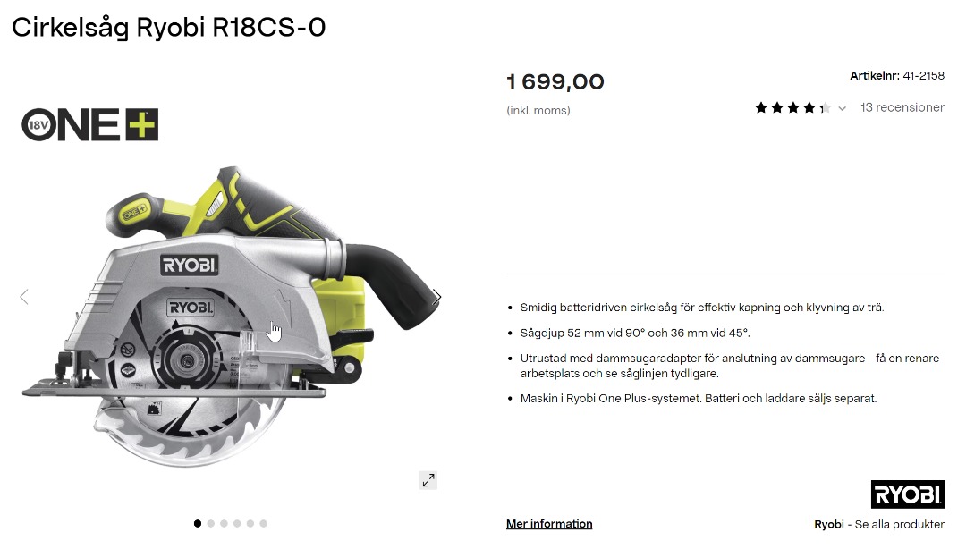 Cirkelsåg ryobi r18cs-0 one