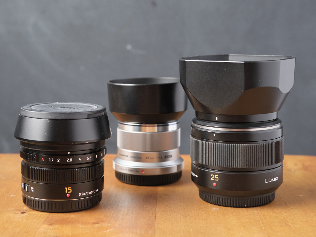3x objektiver for m43 (15/25/45mm)