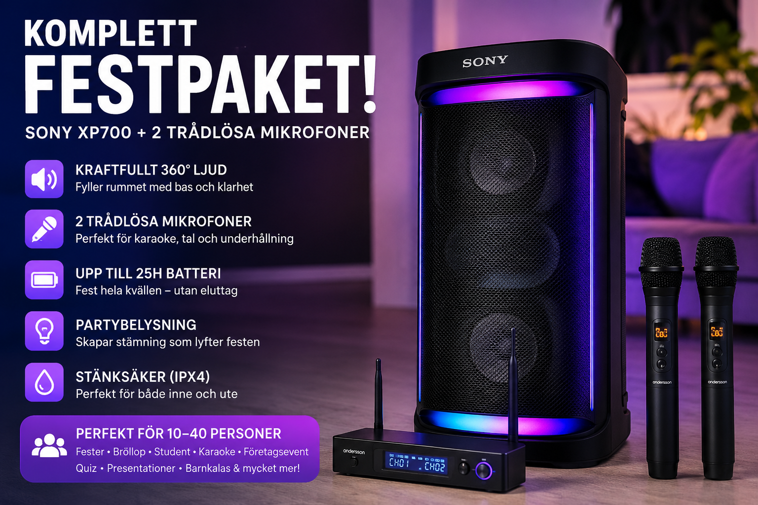 Sony xp700 partyhögtalare + 2 trådlösa mikrofoner | karaoke & festpaket