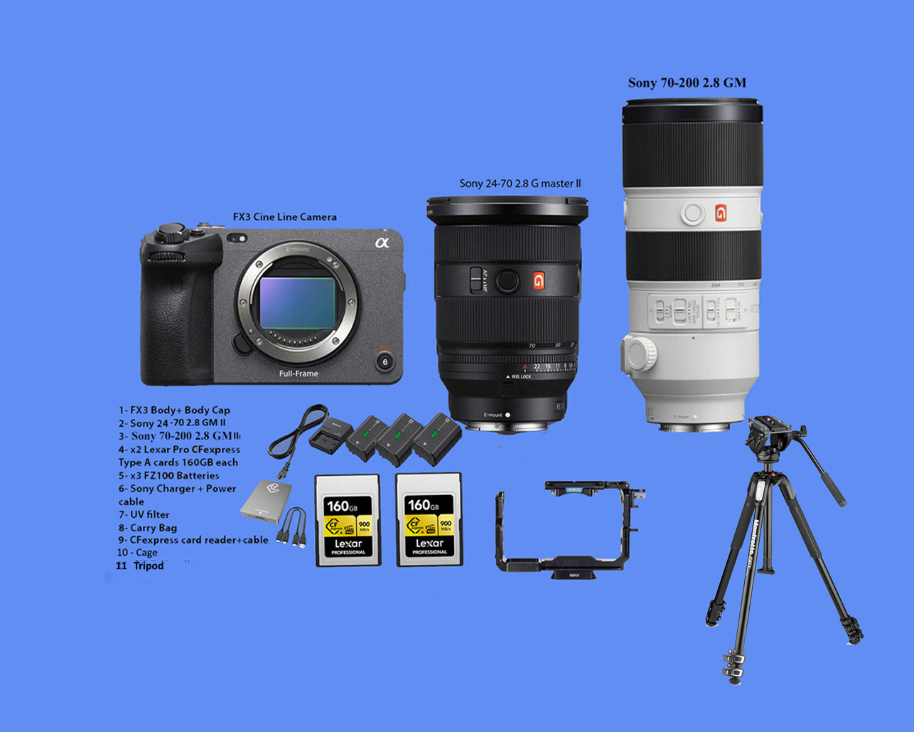 Sony fx3, fx 3,  cinema camera fe 24-70 2.8gmii, 70-200 2.8gmii, tripod