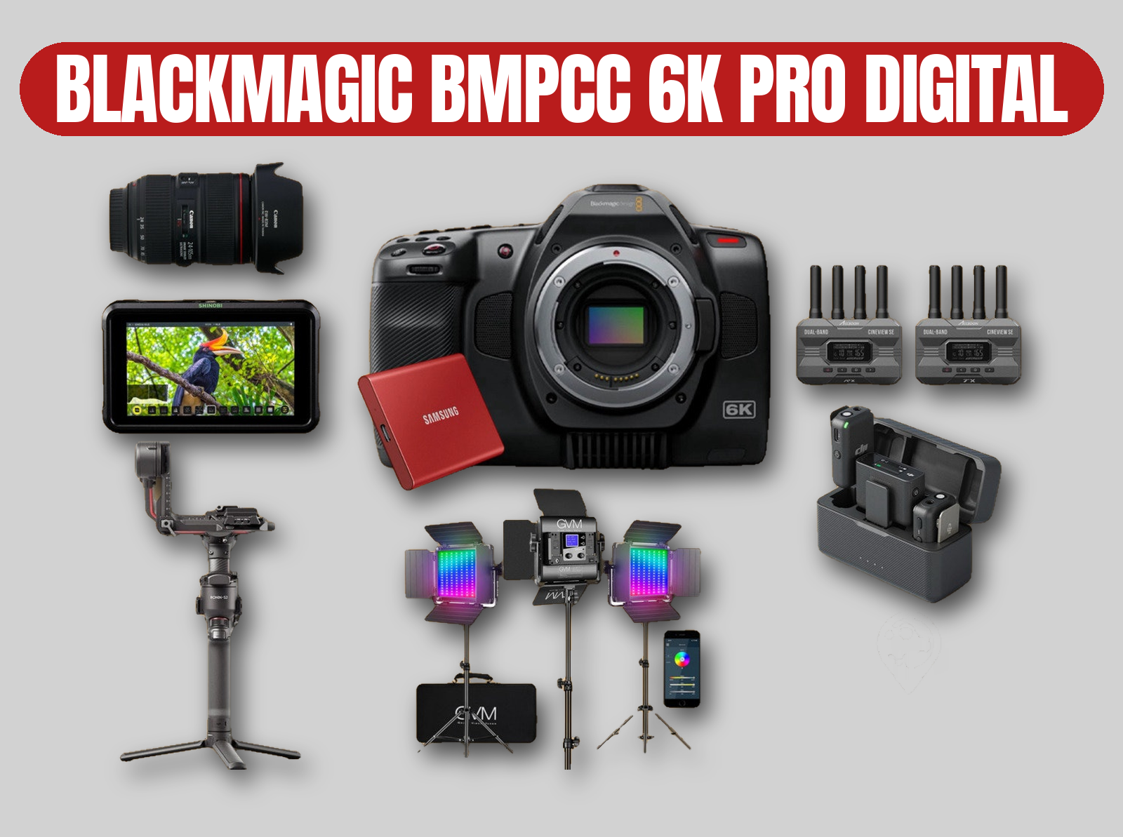 Blackmagic bmpcc 6k pro digital cinema kit | dji rs3 pro gimbal, accsoon wireless video, atomos 4k monitor, led rgb lights, dji mics, canon 24-105mm lens, 2tb ssd