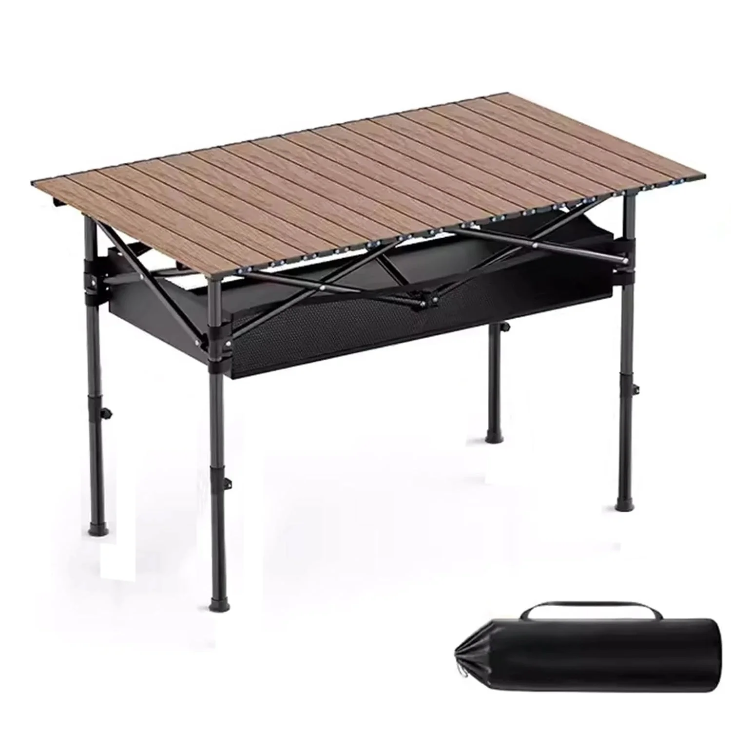 Stort höjdjusterbart campingbord 120 cm med förvaringsnät