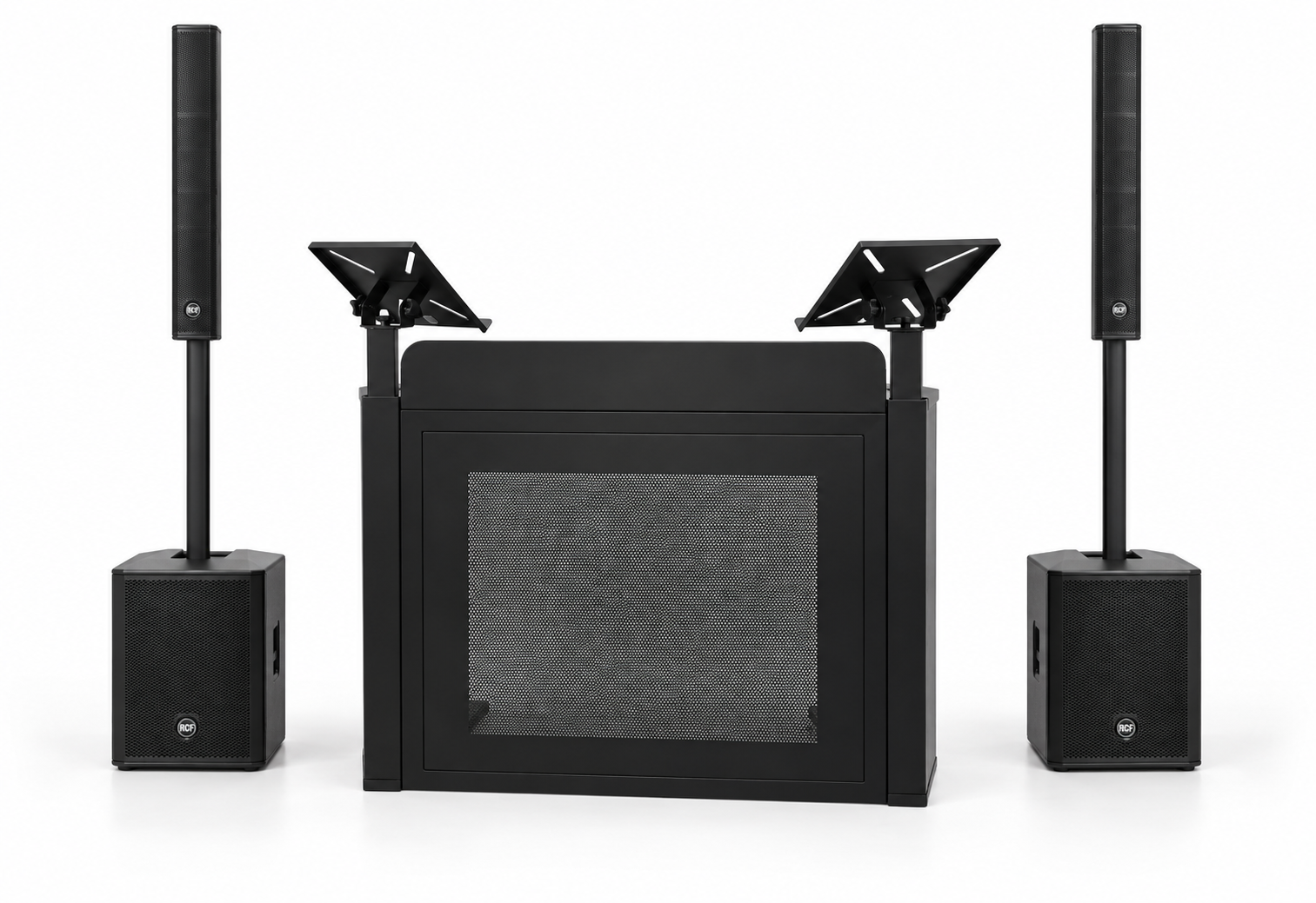 Rcf evox j9 pa system pair + foldable black premium dj booth