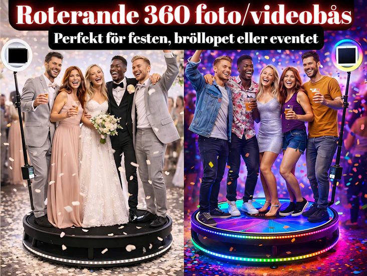 🎥✨ xl roterande 360° fotobås & videobås (plats för 5 personer) – perfekt för bröllop, fest & event (photobooth 360)