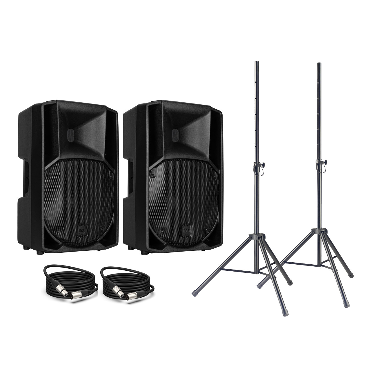 2 x rcf art 735-a mk5 15" active pa speaker (incl. 2 stands & 2 xlr cables)