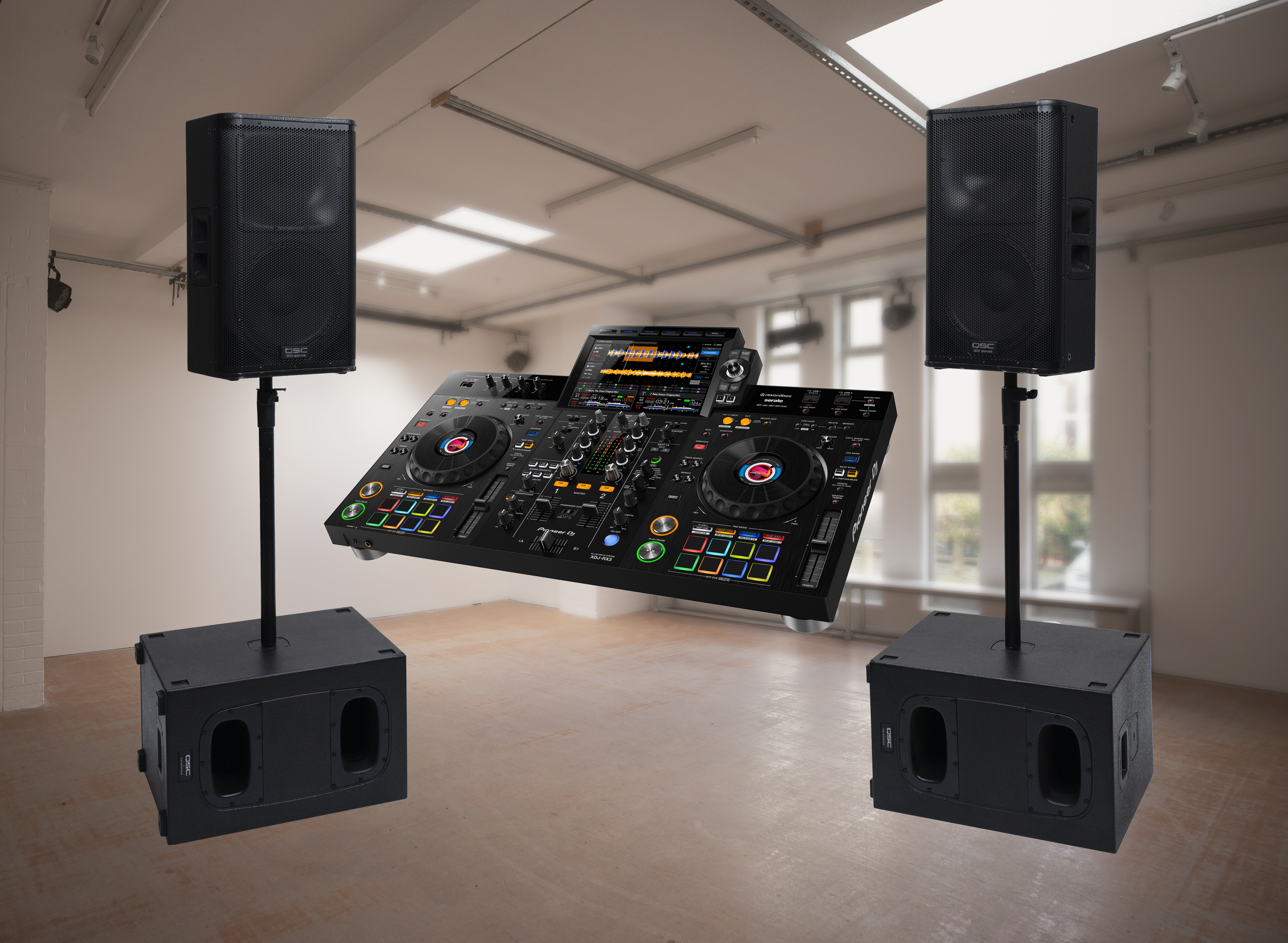 Pioneer dj xdj-rx3 dj mixer + qsc speakers and subwoofer package