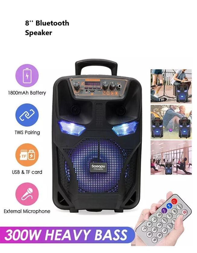 8'' portable bluetooth 5.0 speaker sub woofer heavy bass sound system party & mic