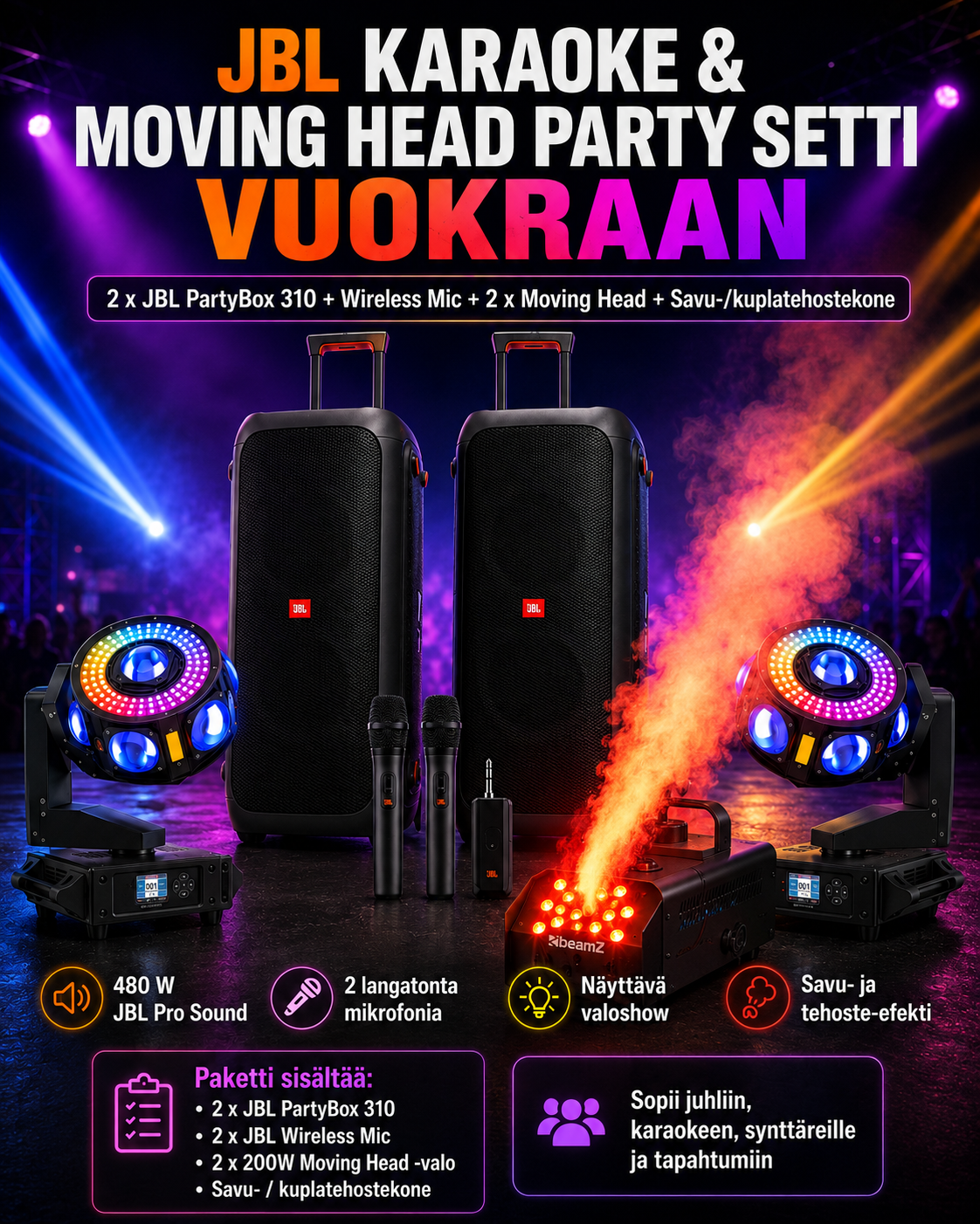 Jbl karaoke & moving head + savukuplakone party setti vuokraan ✨💨🌈🔊🎤