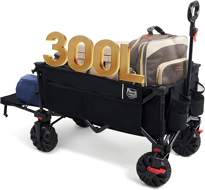Timber ridge festival trolley camera equipment 300l with brakes, folding beach trolley cart with tailgate, 135kg collapsible wagon detachable wide wheels & adjustable handle for outdoor camping garden, black