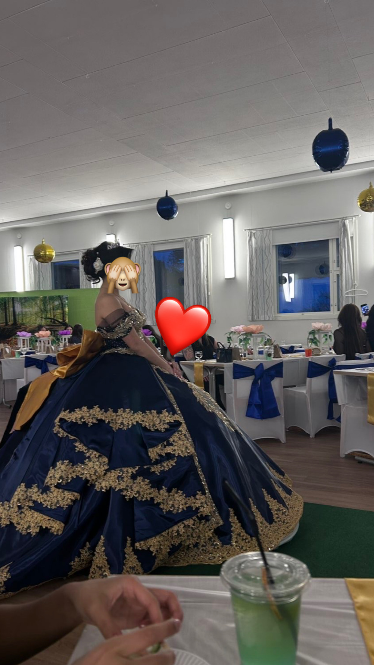 Navy blue and gold ball gown