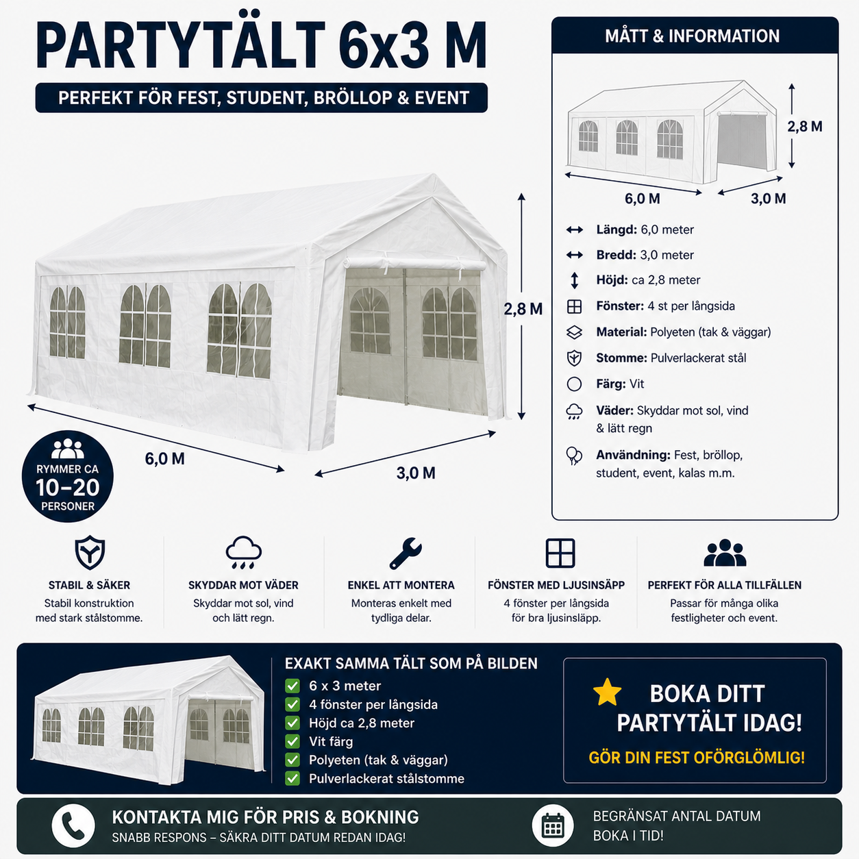 Partytält 3x6 uthyres - perfekt för fest, student & kalas 
