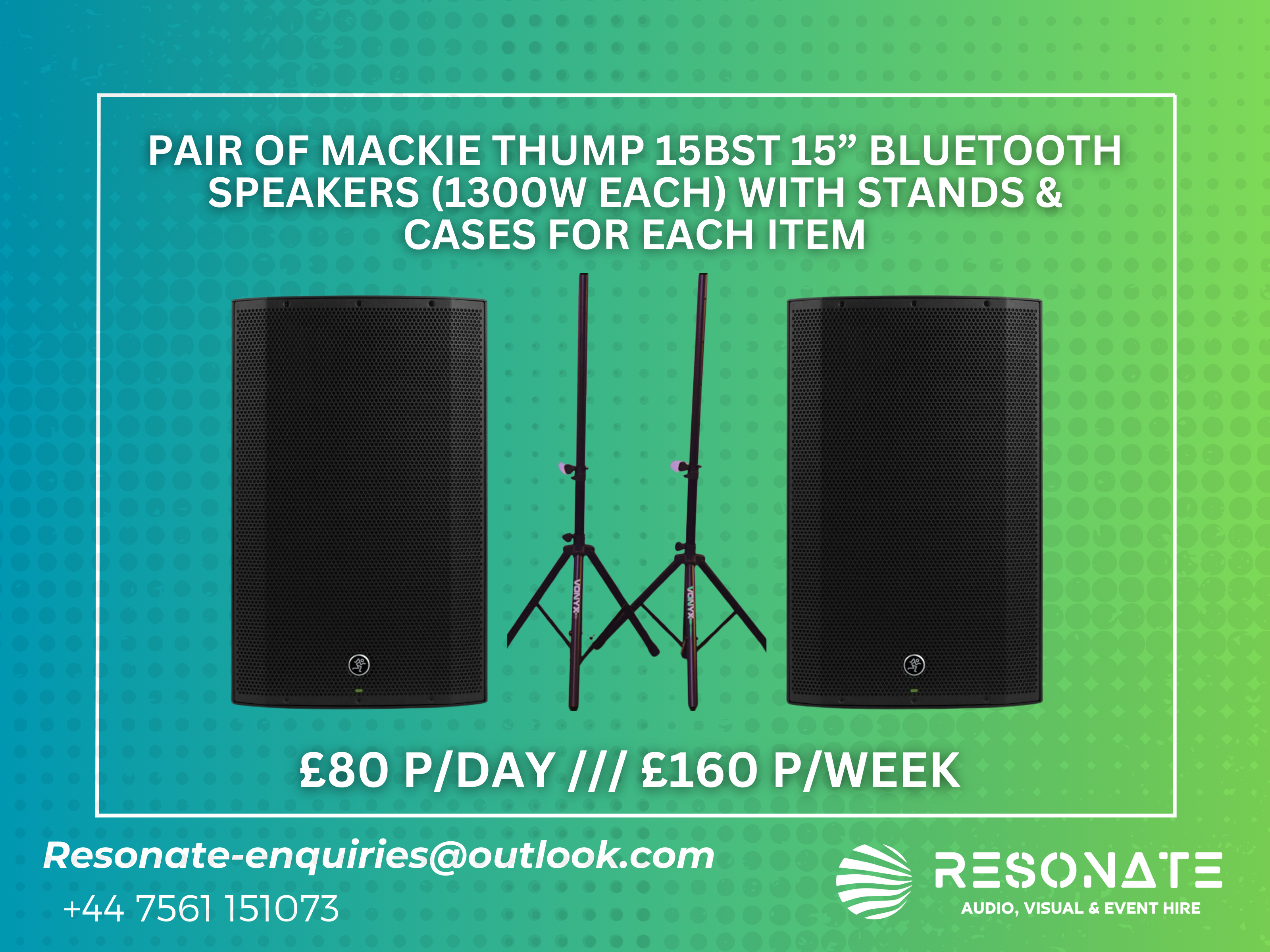 Pair of mackie thump 15bst 15” bluetooth speakers (1300w each) with stands & cases for each item