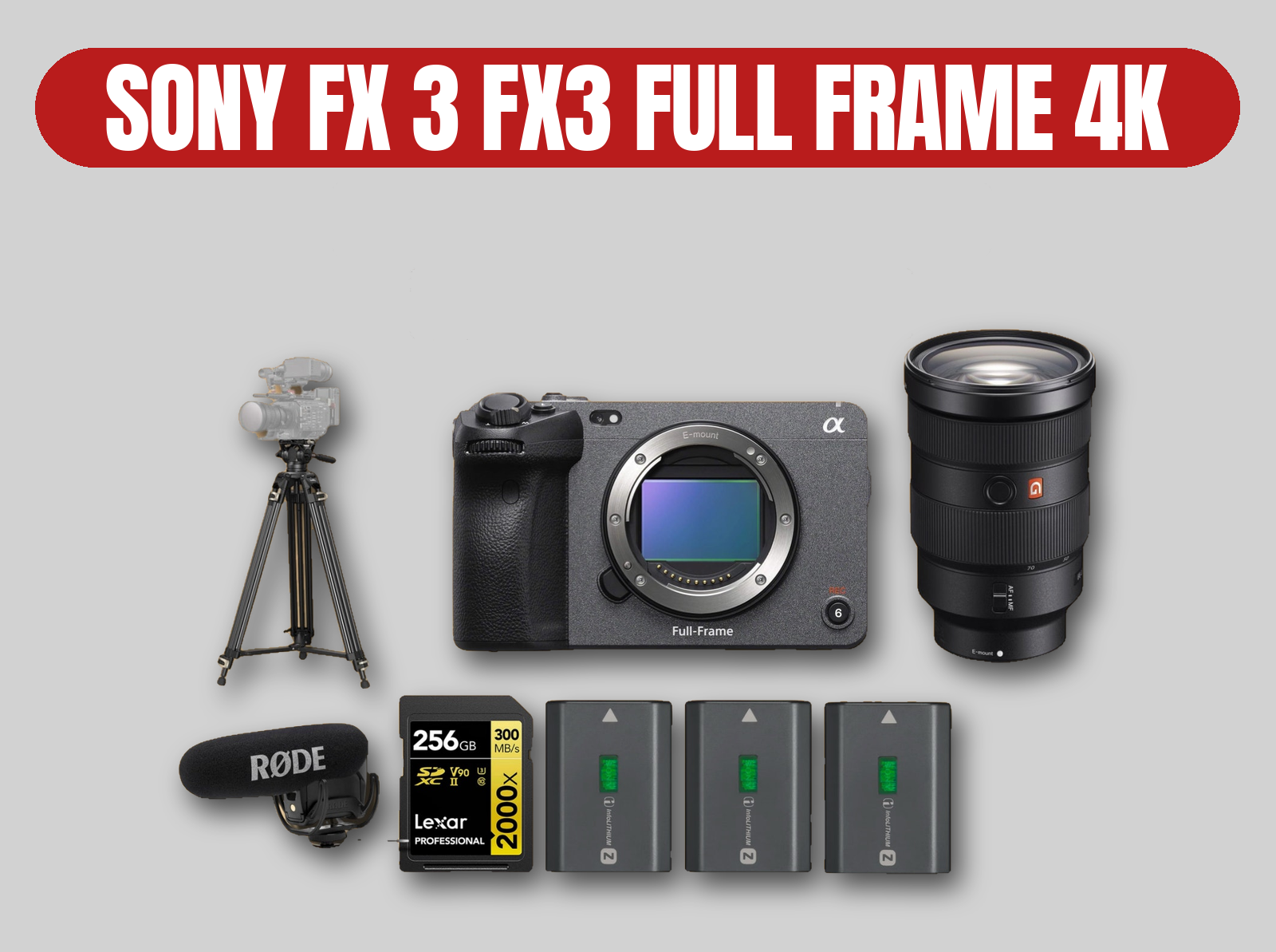 Sony fx3 full frame 4k cinema camera kit | 24-70mm f2.8 g master zoom lens / tripod / rode video mic go
