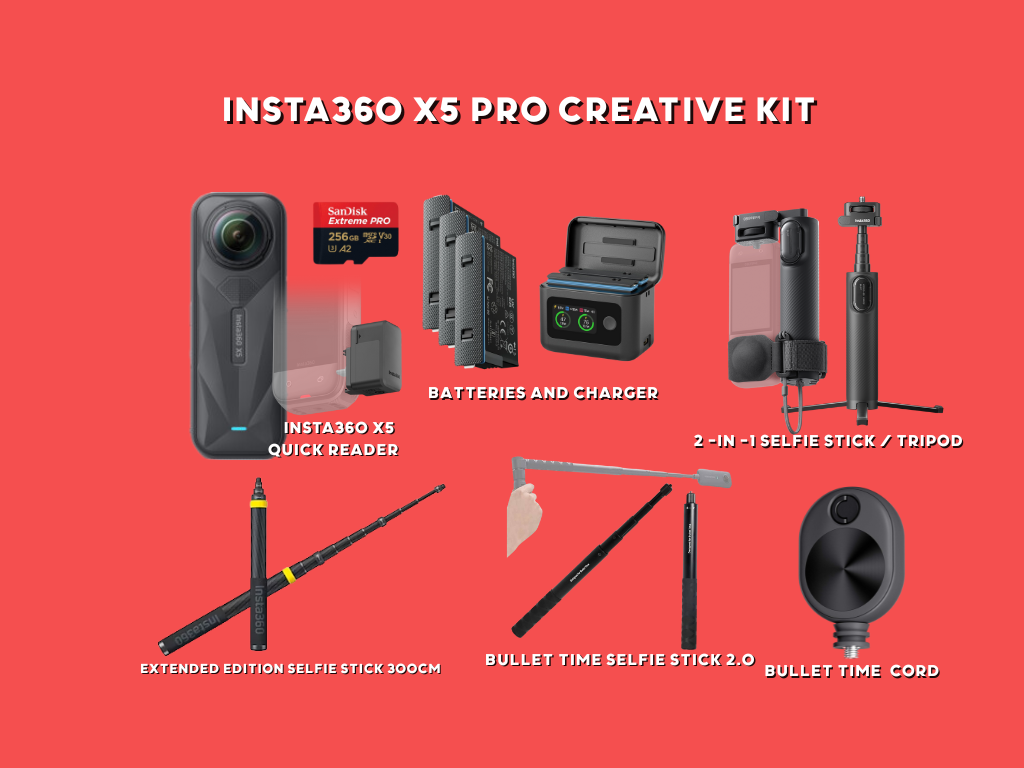  insta 360 x5 bundle with  bullet time cord + 3m selfie stick + more 