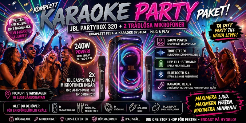 Karaokepaket – JBL PartyBox 320 + 2 AI-mikrofoner