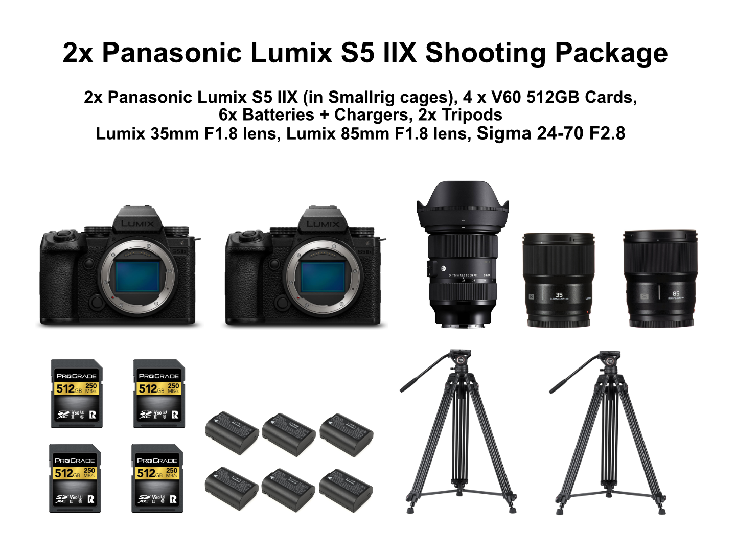 2x panasonic lumix s5iix shooting package with 3x lenses, cards, batteries & tripods