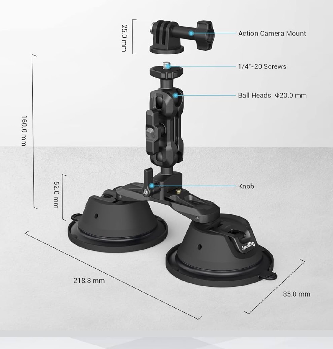 Smallrig suction mount for action camera/phone/small cameras, for gopro - suction cup mount on car window/bonnet
