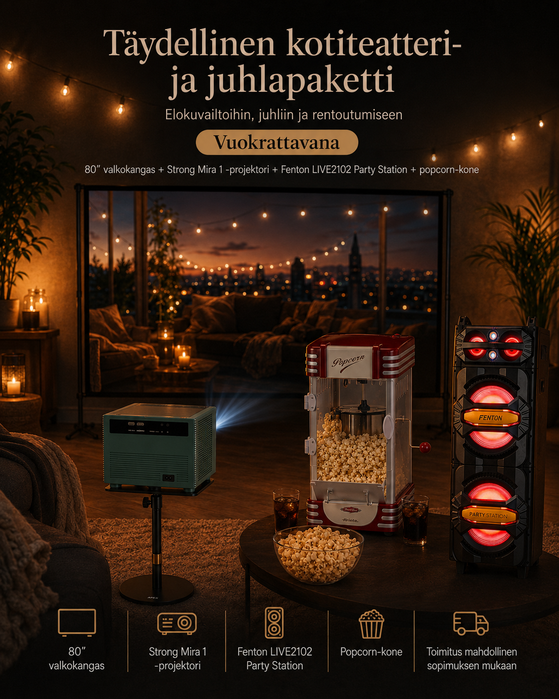 Kotiteatteripaketti vuokraan – projektori, valkokangas, kaiutin, mikrofoni ja popcorn-kone