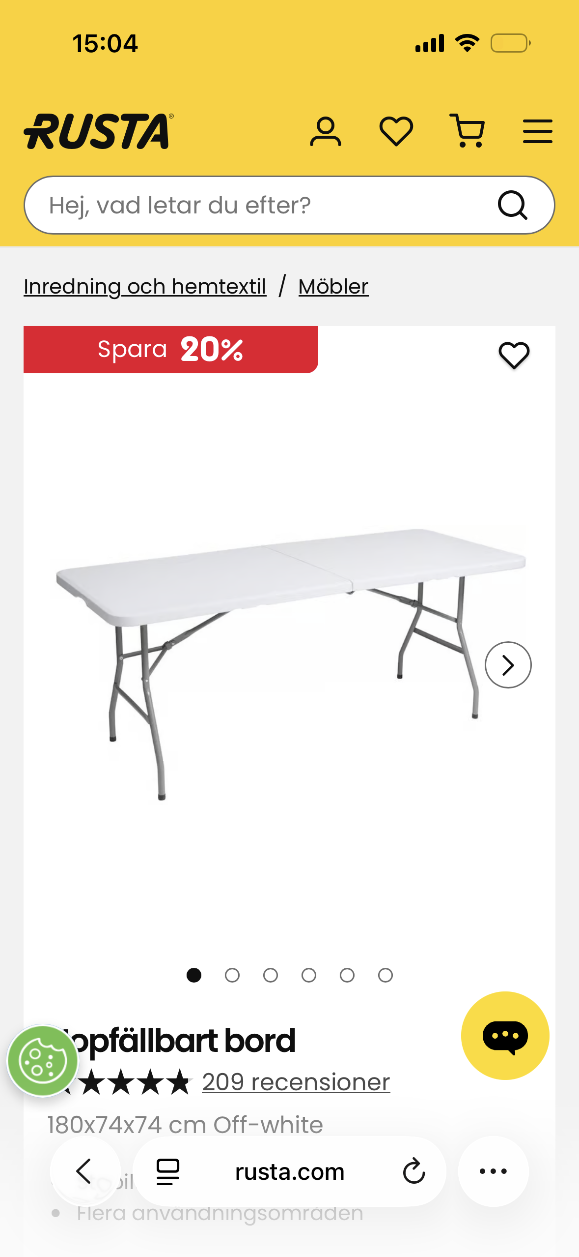 Ihopfällbart bord och 6 stolar. 