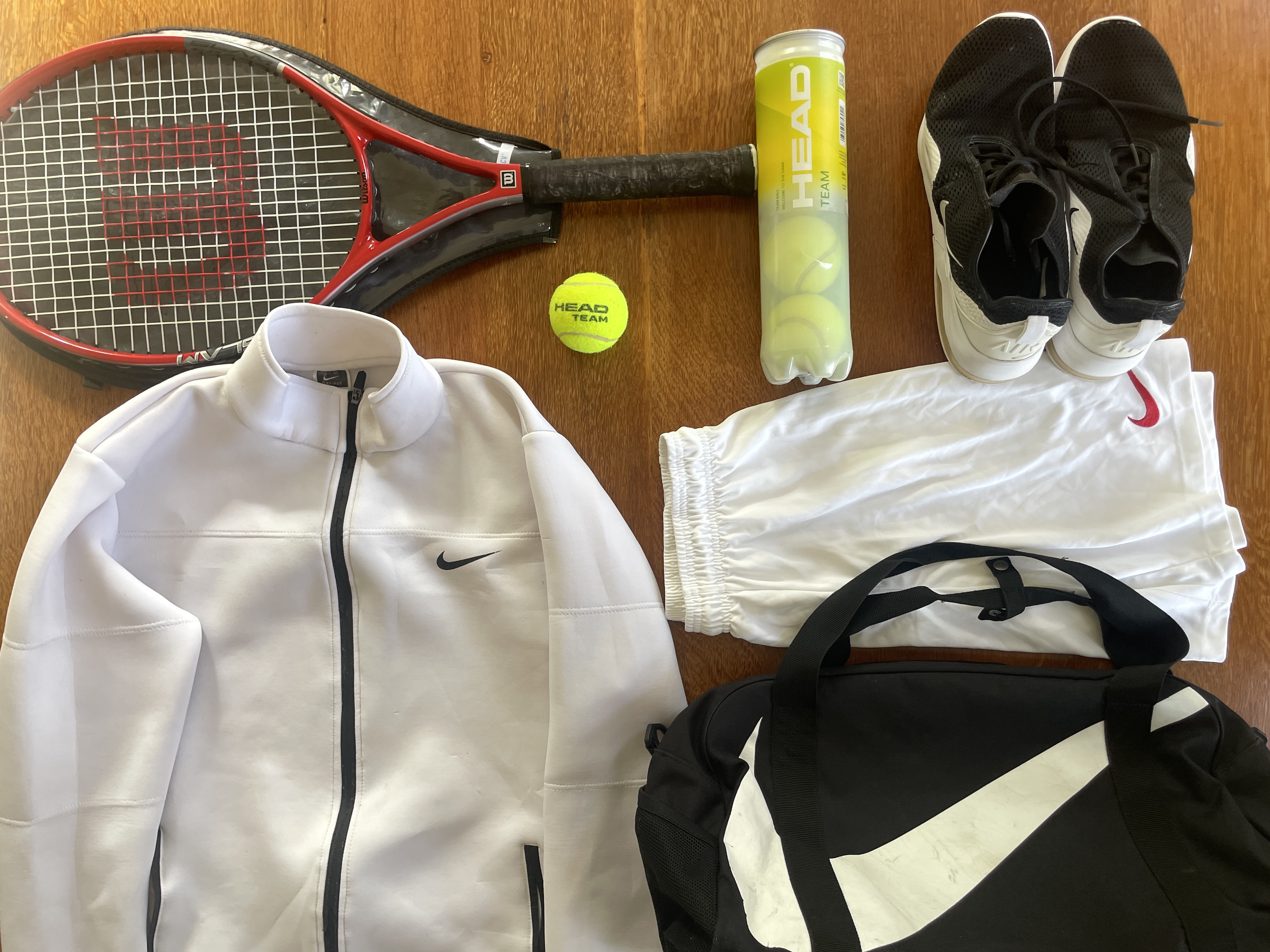 Complete nike tennis set - racket, balls, shorts, top, trainers, visor & bag
