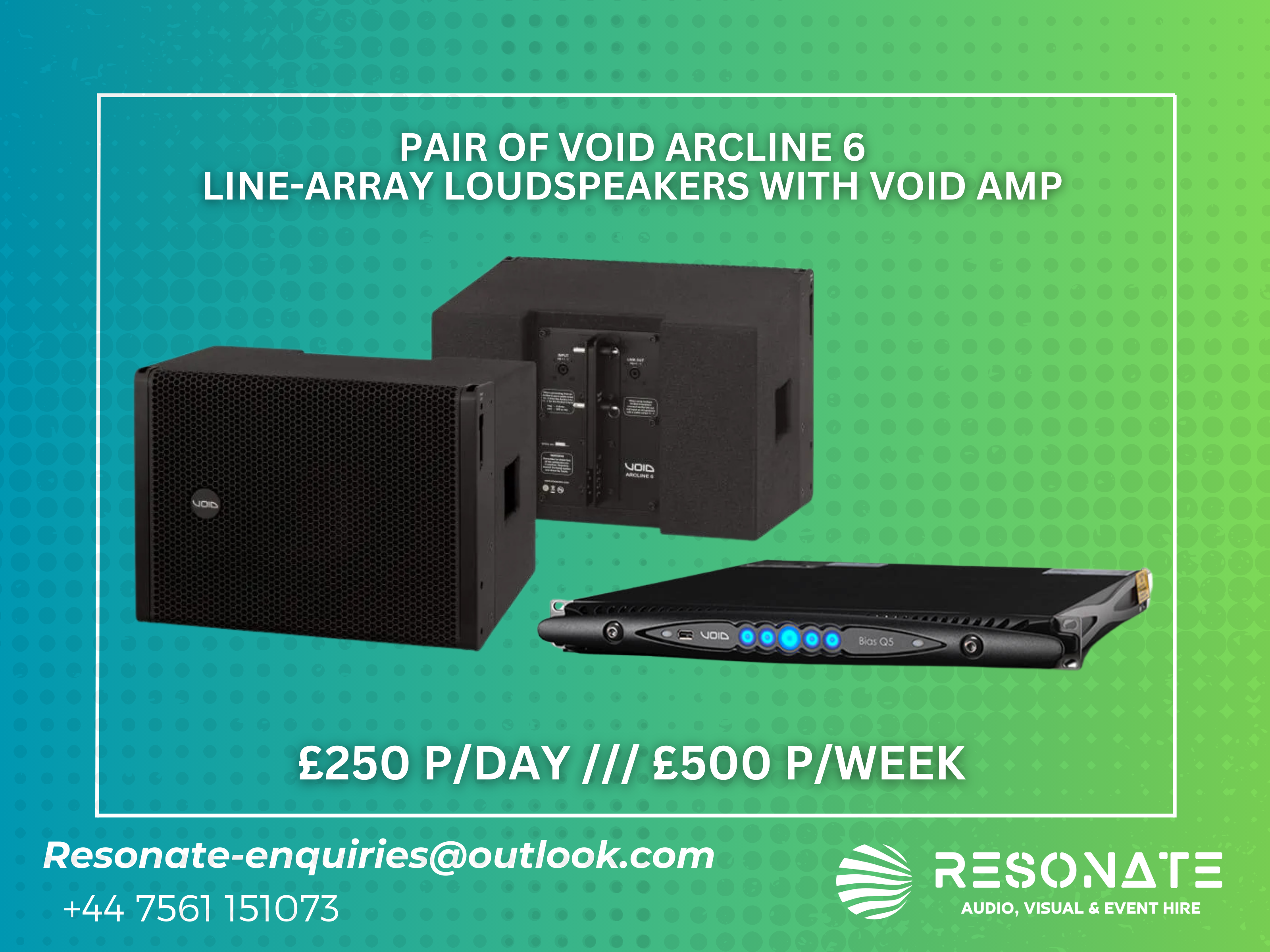 Pair of void arcline 6  line-array loudspeakers with void amp 