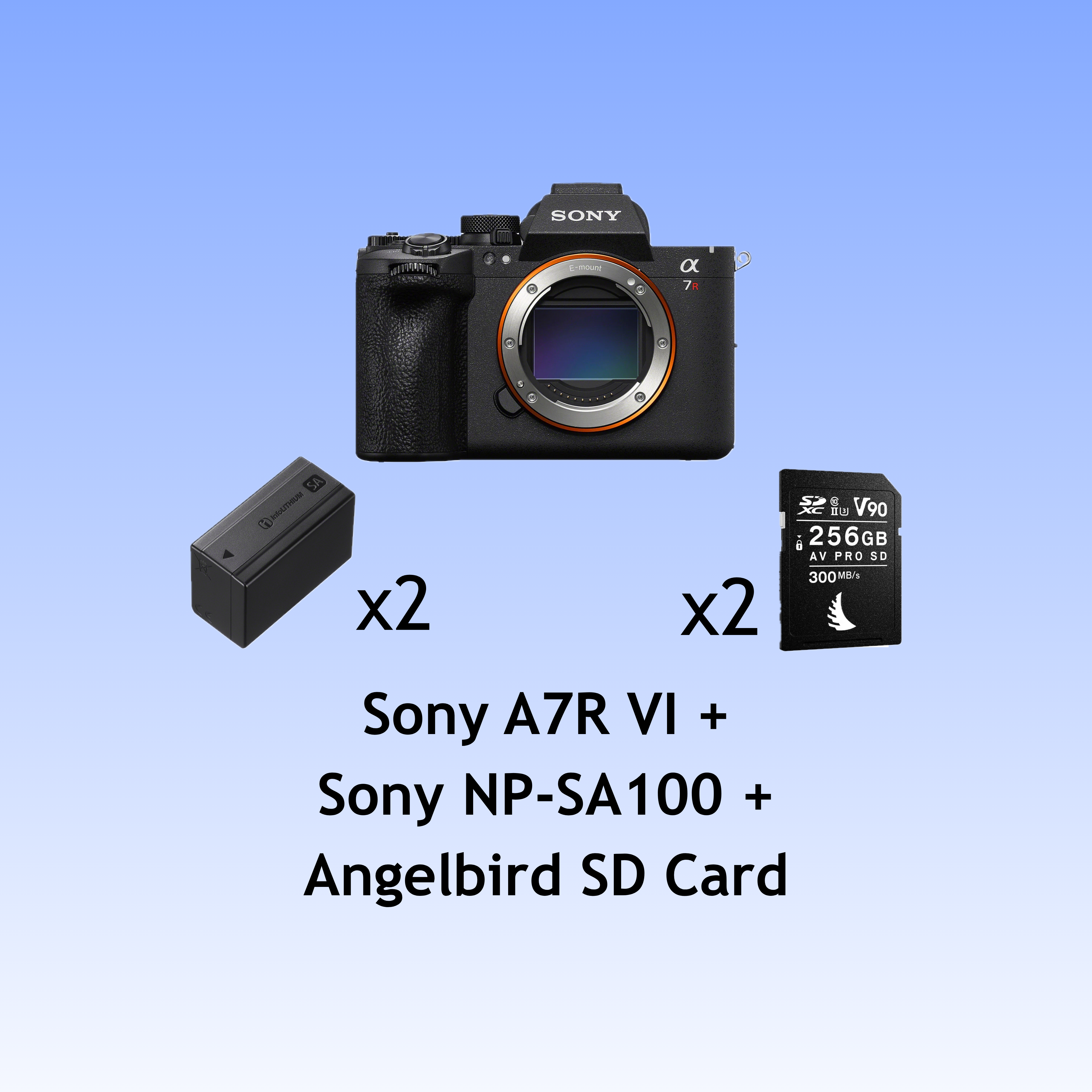 Sony a7r vi body + 2× sony np-sa100 batteries + 2× angelbird av pro sd 256gb v90