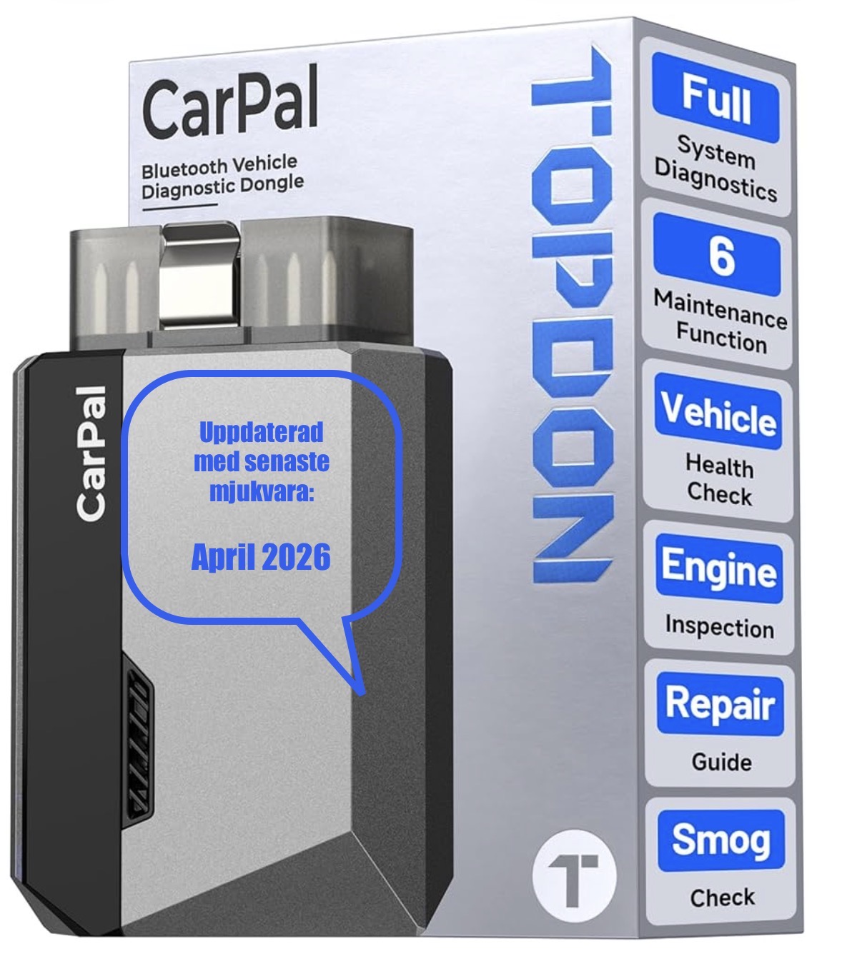 Topdon carpal obd2 kodläsare bluetooth, alla system obd2-skanner för ios och android, fordonshälsovård, 6 underhållstjänster, smog-check, reparationsguide