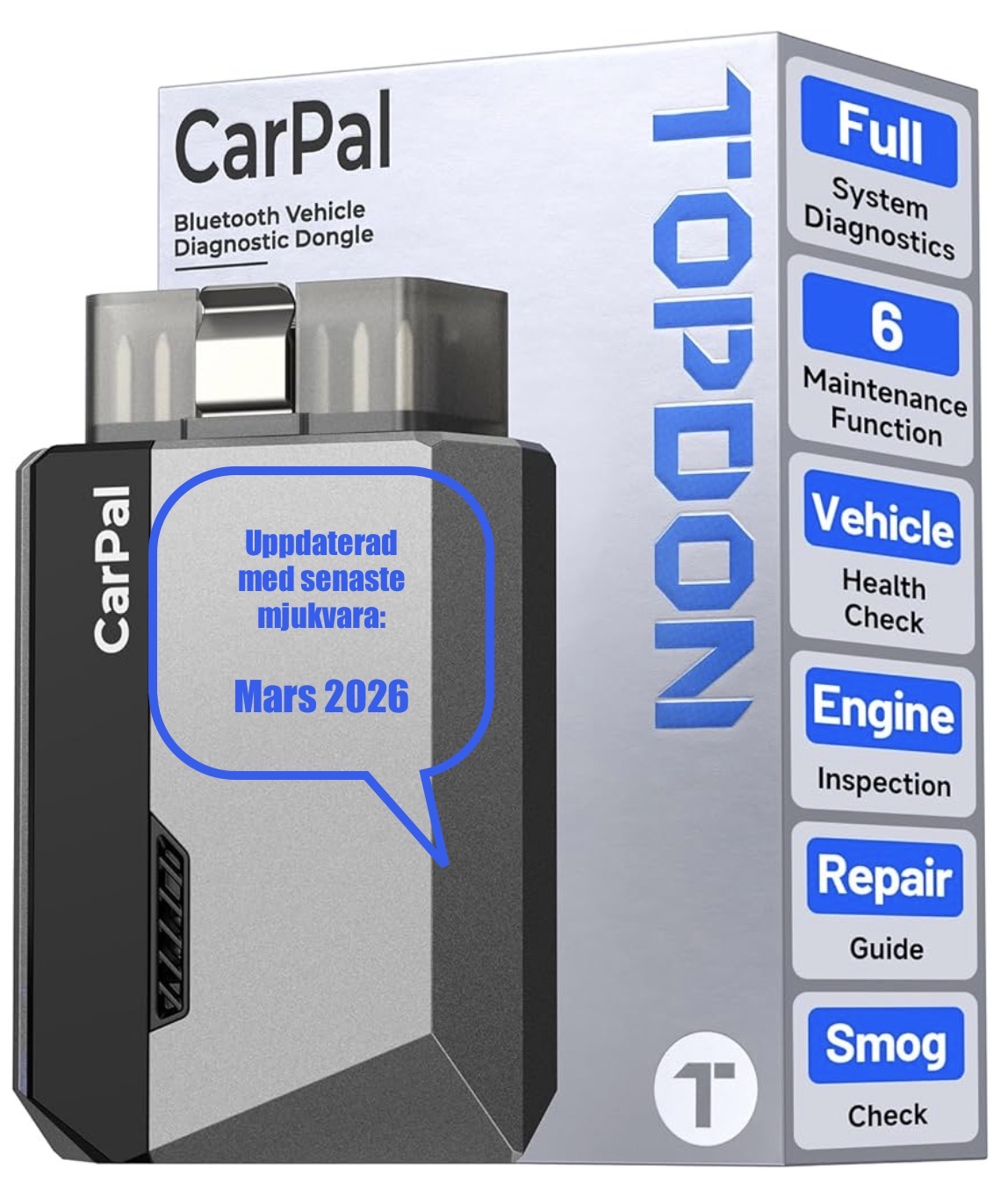 Topdon carpal obd2 kodläsare bluetooth, alla system obd2-skanner för ios och android, fordonshälsovård, 6 underhållstjänster, smog-check, reparationsguide