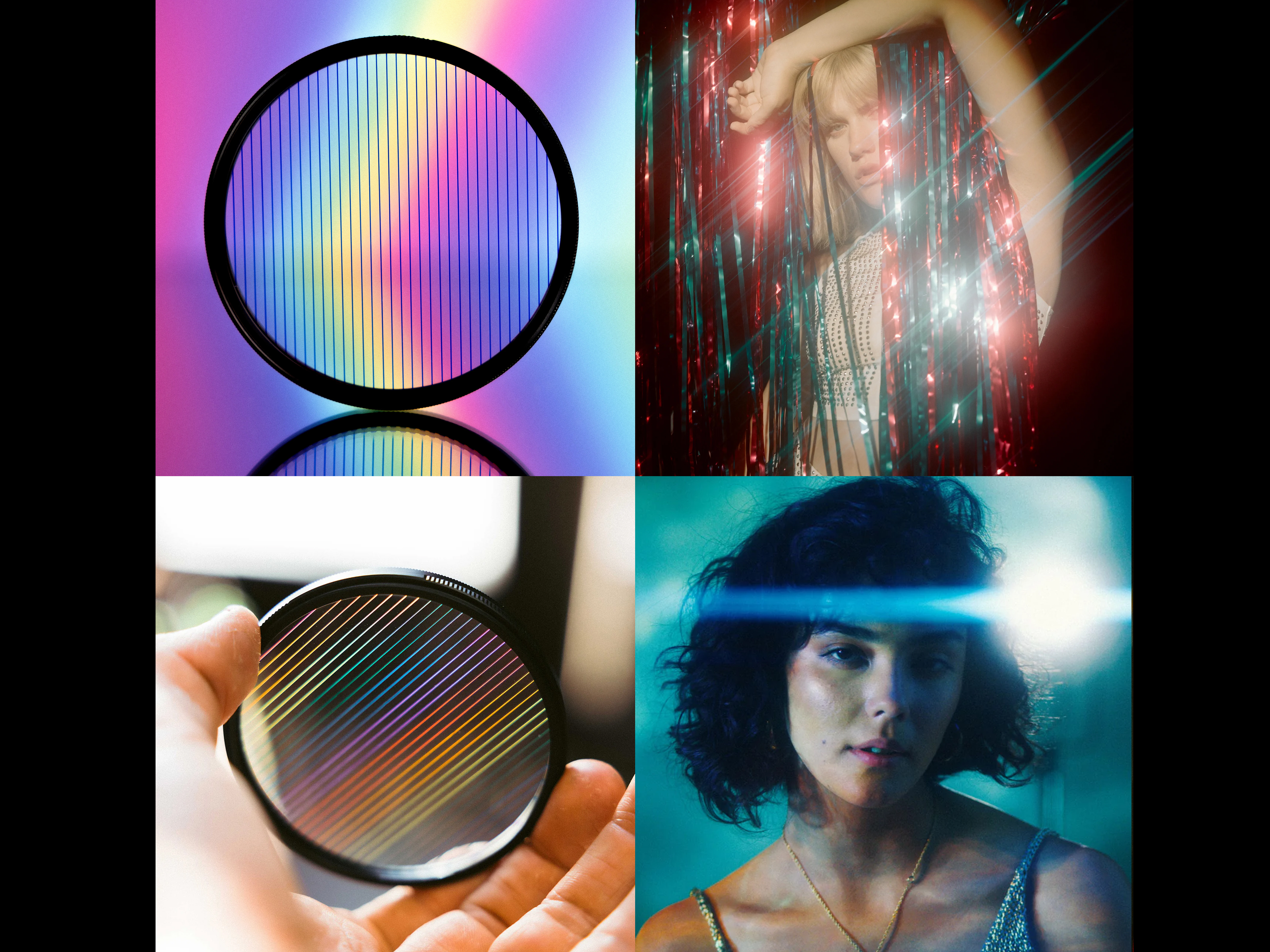 Prism fx filters, (blue / amber / rainbow / white anamorphic flare) handheld, kaleidoscope, diopter, lens, dream, mist, vnd, ghost, split, linear