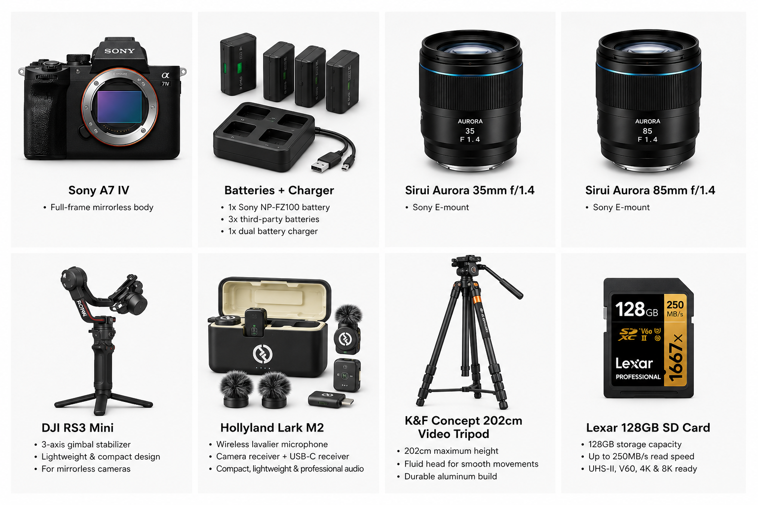 Video creator kit — sony a7 iv + sirui lenses + rs4 mini + lark m2 mic + tripod
