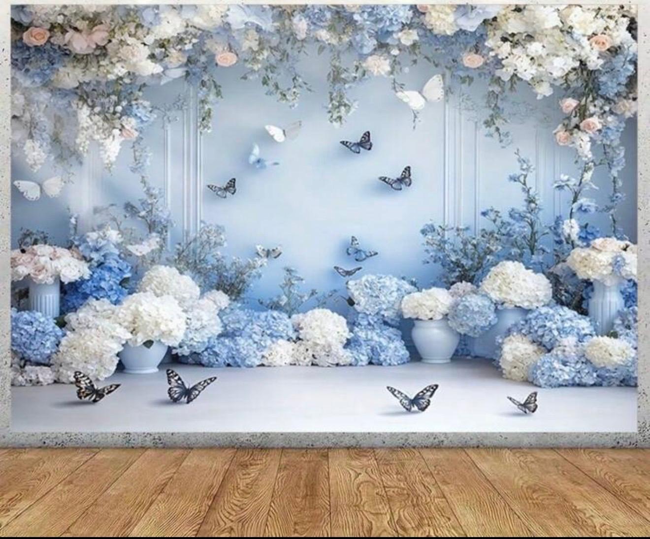 Elegant blue & white floral backdrop  with butterflies
