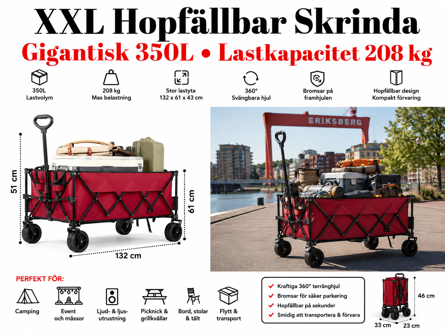 🛒 xxl hopfällbar skrinda – gigantisk 350l/lastkapacitet 208 kg