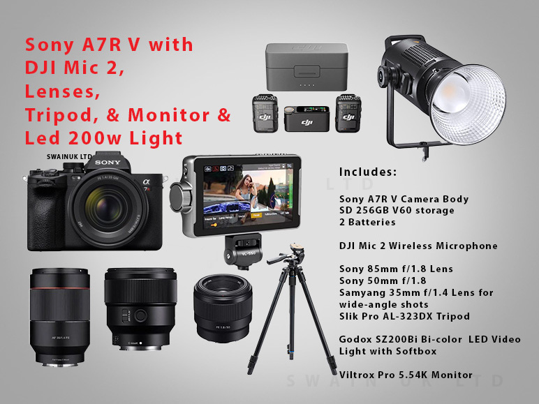 Sony a7r v with dji mic 2, lenses, tripod, monitor, and led light