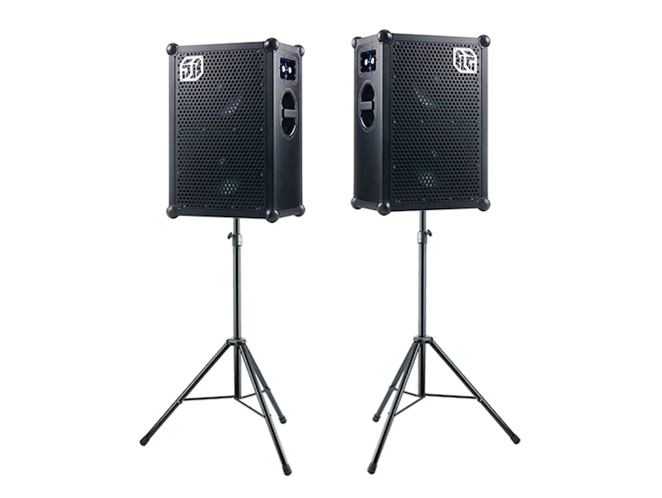 Soundboks 2 partyhögtalare i par med stativ.