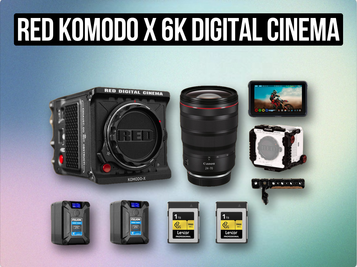Red komodo x 6k digital cinema camera dsmc 3 + 24-70 cannon rf f2.8 zoom lens usm i + 2x v-mount batteries + 4k atomos monitor + 1tb storage arri