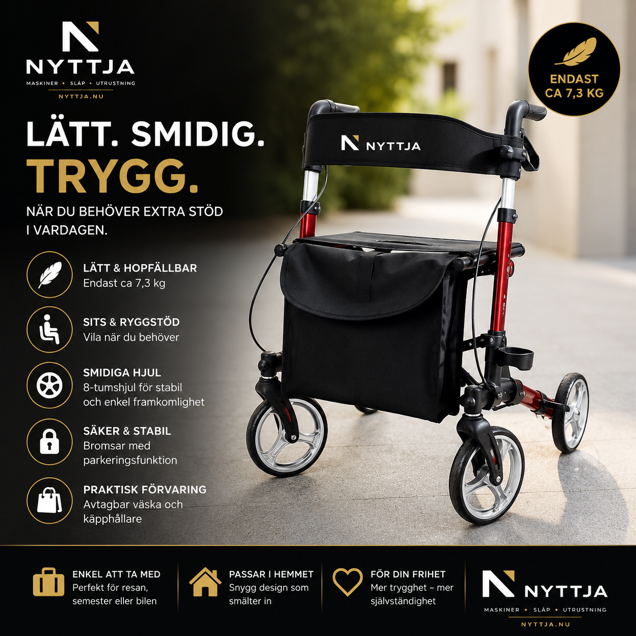 Lätt & hopfällbar rollator – aluminium, endast ca 7 kg