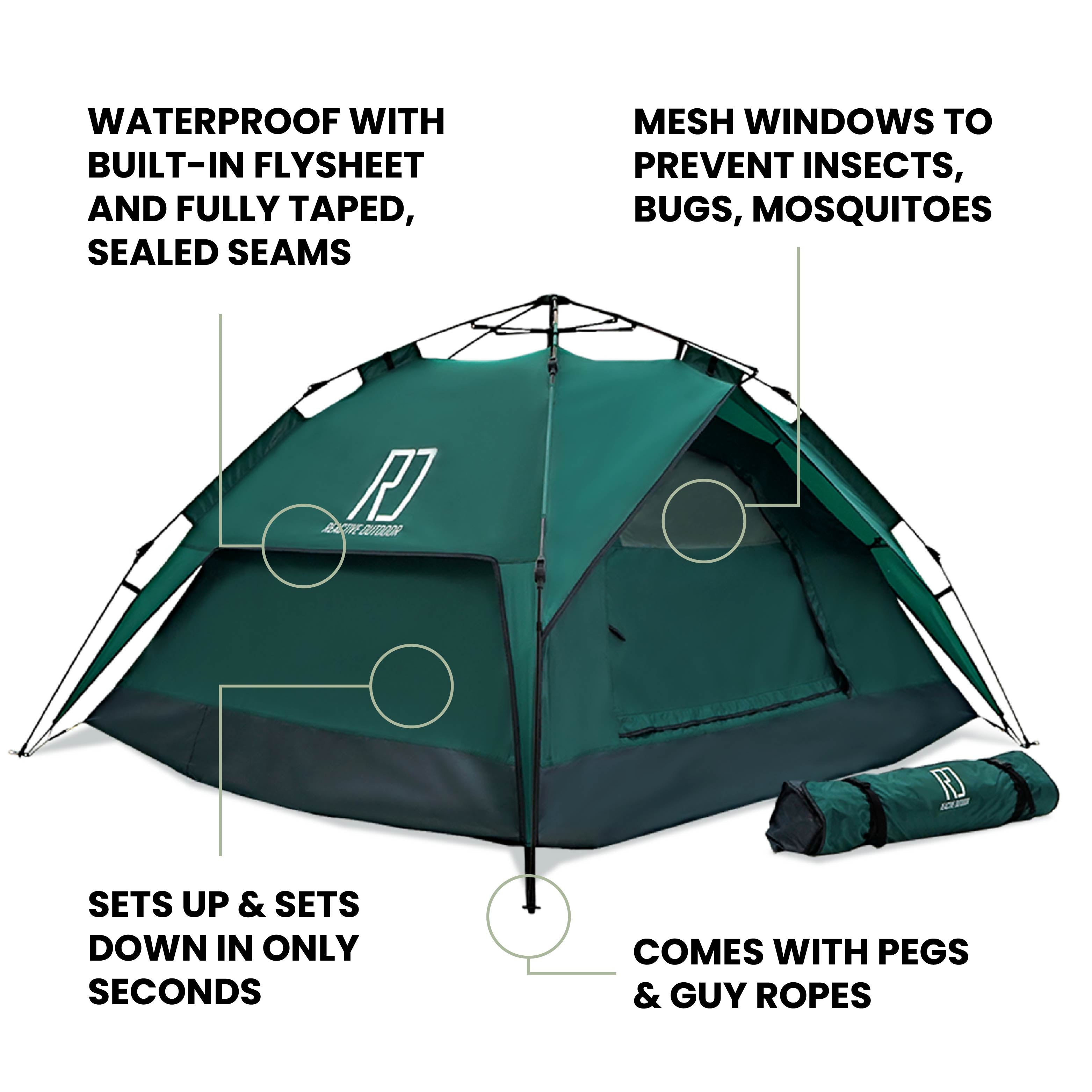 Reactive outdoor 2-3 person tent instant pop up tent - easy set-up for 1 person  (different fees for hammer and fairy lights to be included) 