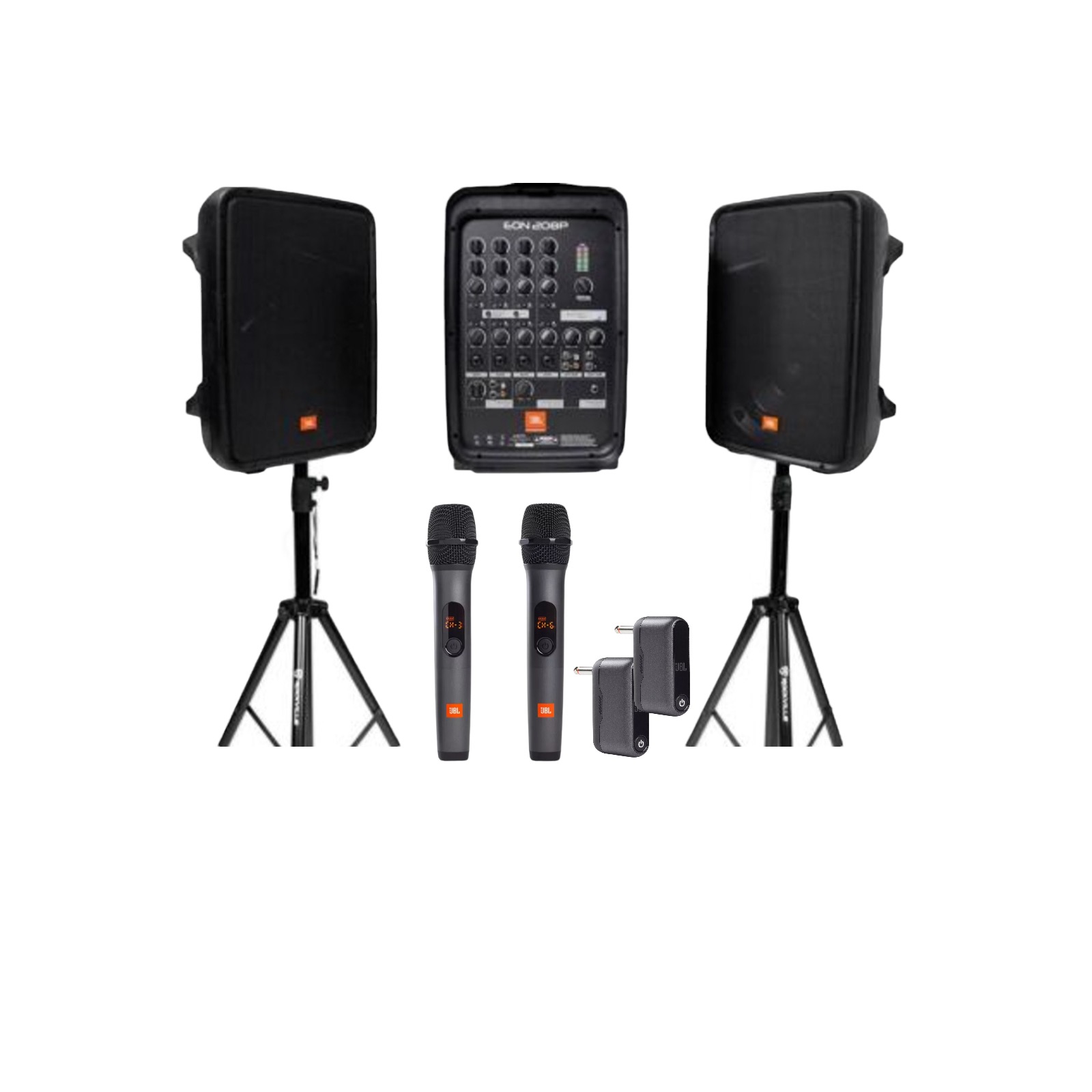 Pa system jbl portable speaker + 2x wireless microphone  2x stands event mixer mic projector event party speakers  eon208p pat tested ✅