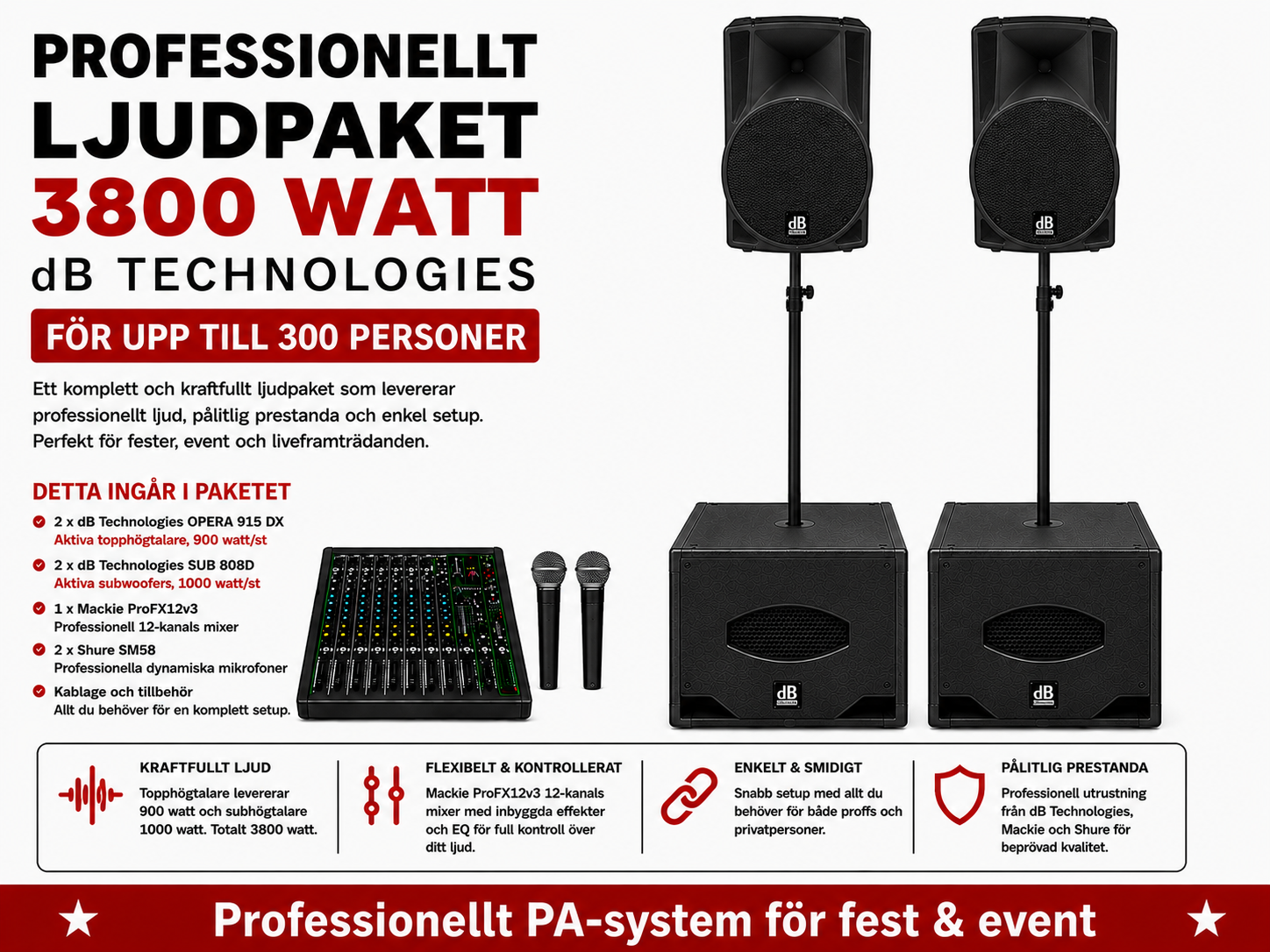 Kraftfullt ljudsystem för fest, bröllop, karaoke & event, upp till 300 personer