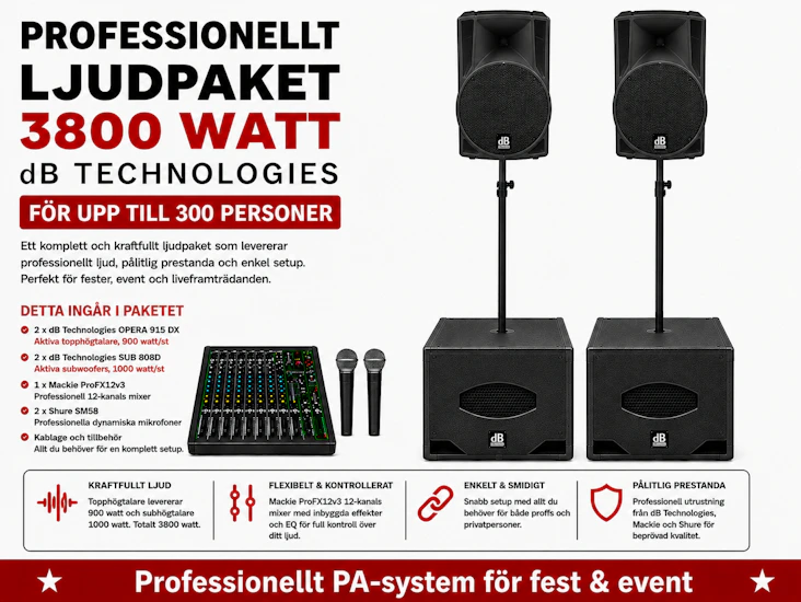 Kraftfullt ljudsystem för fest, bröllop, karaoke & event, upp till 300 personer