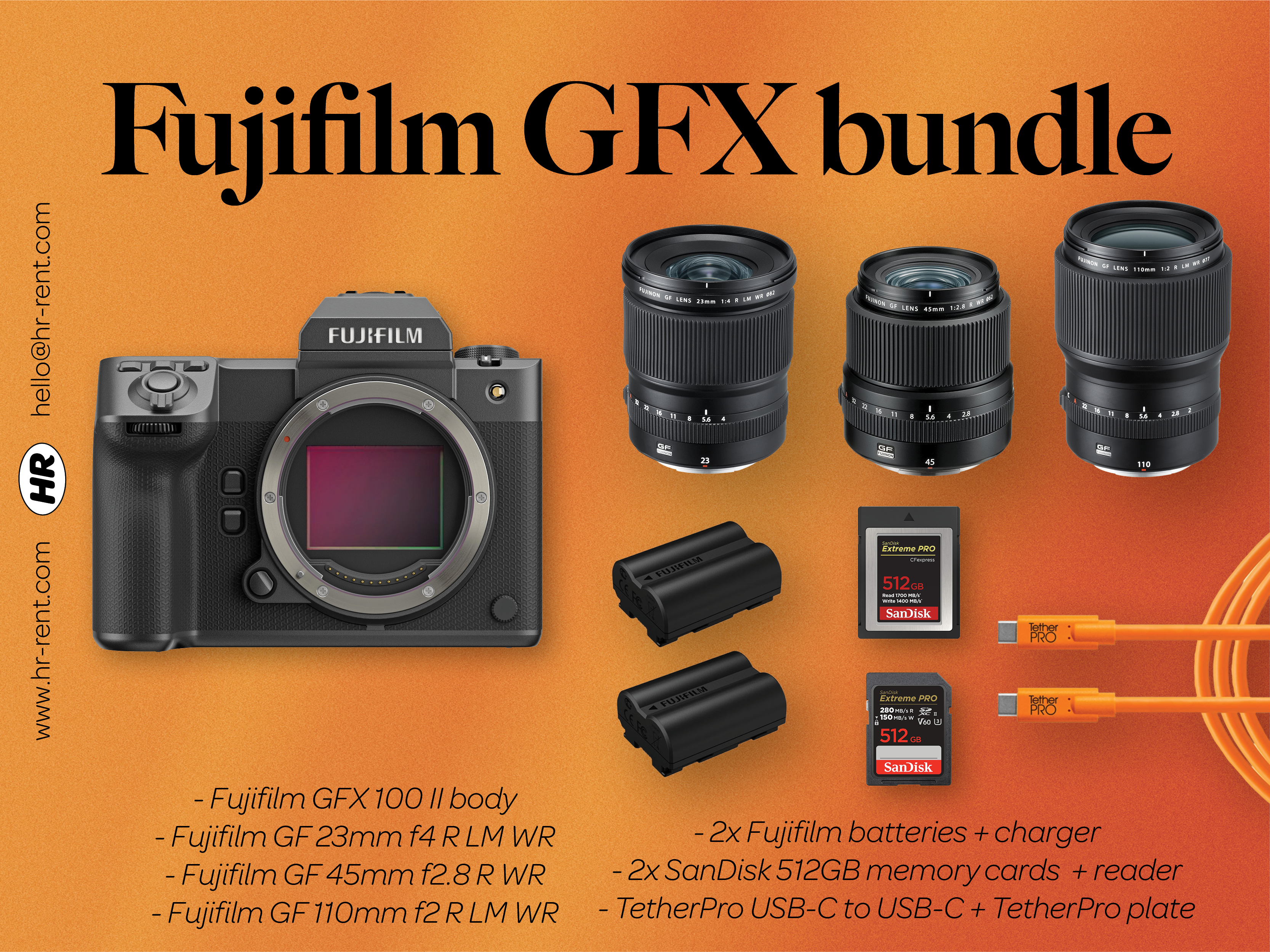 Fuji fujifilm gfx 100 ii medium format + gf 23mm f4 + gf 45mm f2.8 + gf 110mm f2 lenses